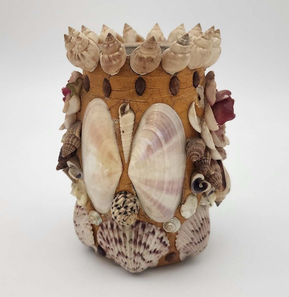 Vintage Folk Art Tramp Art Memory Jar Vase with Sea Shell Rose Floral Collage 6"